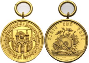 Medaille IX. MECKLENBURGER LANDES-SCHÜTZENFEST Z. NEUBRANDENBURG 12.–15. Juli 1885, Stadtwappen