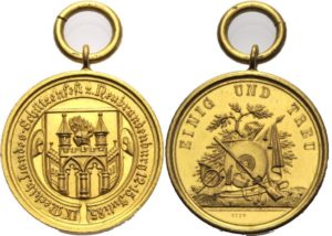 Medaille IX. MECKLENBURGER LANDES-SCHÜTZENFEST Z. NEUBRANDENBURG 12.–15. Juli 1885, Stadtwappen
