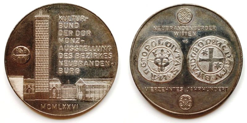 Medaille des BFA Numismatik des Kulturbundes anlässlich der Münzausstellung des Bezirkes Neubrandenburg 1976 Medaille des BFA Numismatik des Kulturbundes anlässlich der Münzausstellung des Bezirkes Neubrandenburg 1976