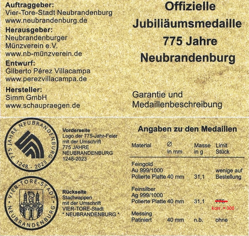 Zertifikat der Silber-Münze 775 Jahre Neubrandenburg